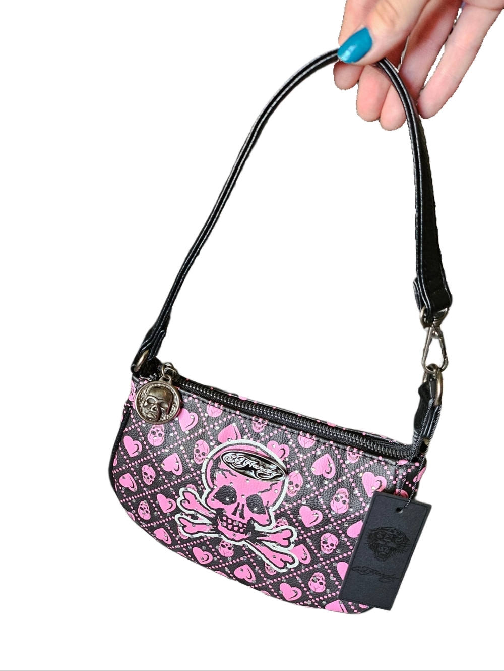 NWT Ed Hardy Mini Shoulder Purse Pink & Black, Rhinestone, Skull Details Diamond